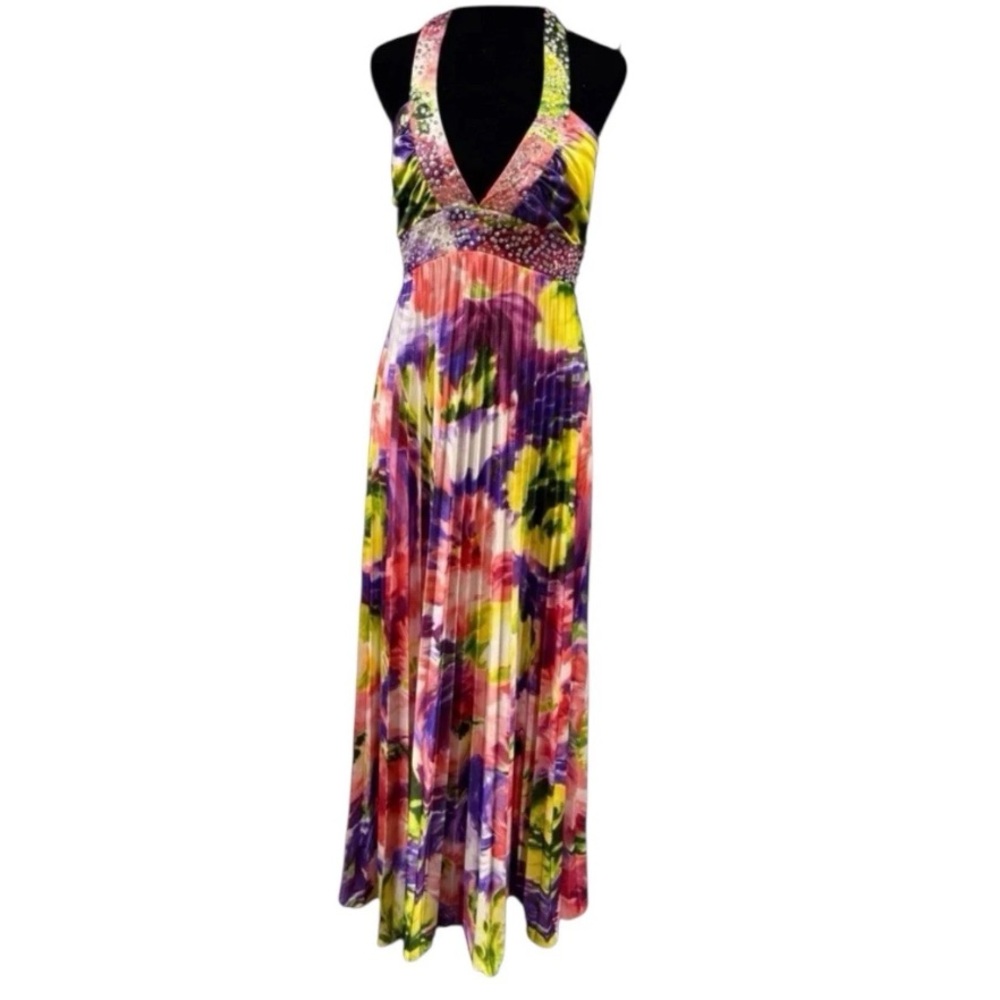 Vintage Beaded Halter Dress Y2K Watercolor Maxi Formal Fairy Sparkle Pink Prom - Picture 12 of 15